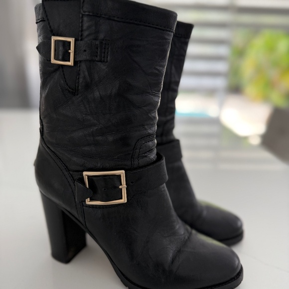 Jimmy Choo DART Black Leather Mid Calf Distressed Boots Block Heel